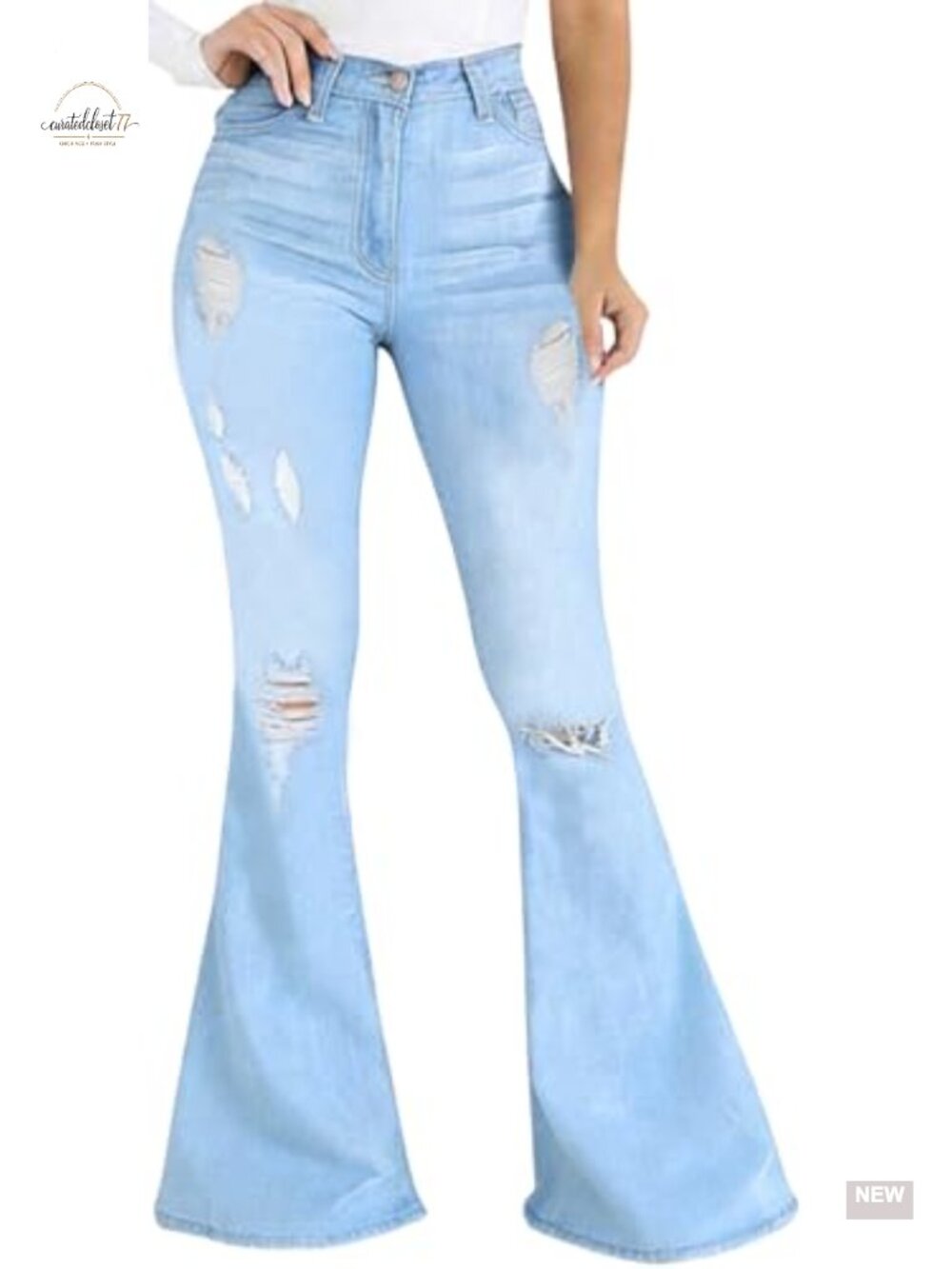 Skinny Bell Bottom High Waisted Flared Raw Hem Denim Jeans